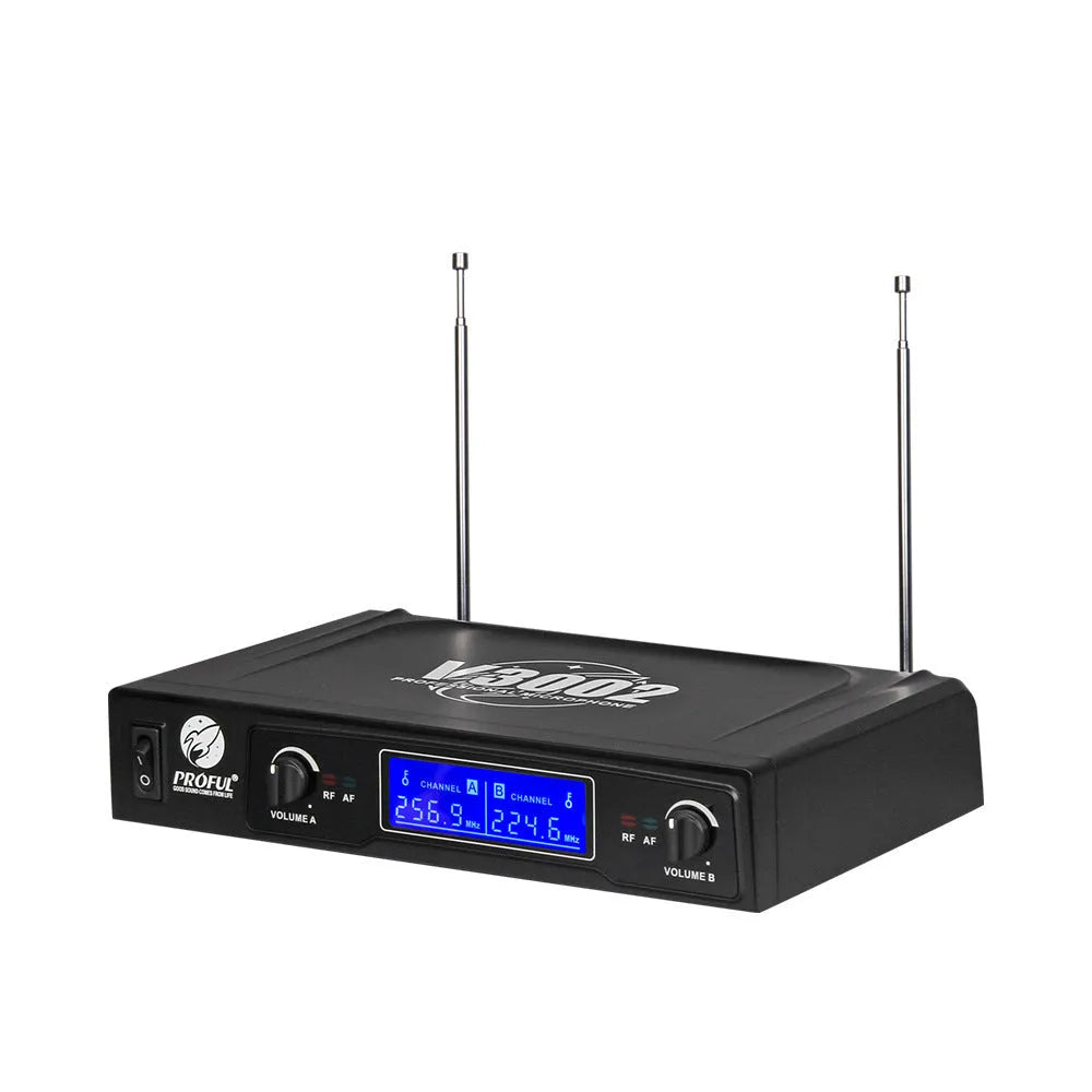 V-3002 wireless handheld microphone system with two black microphones and compact transmitter unit