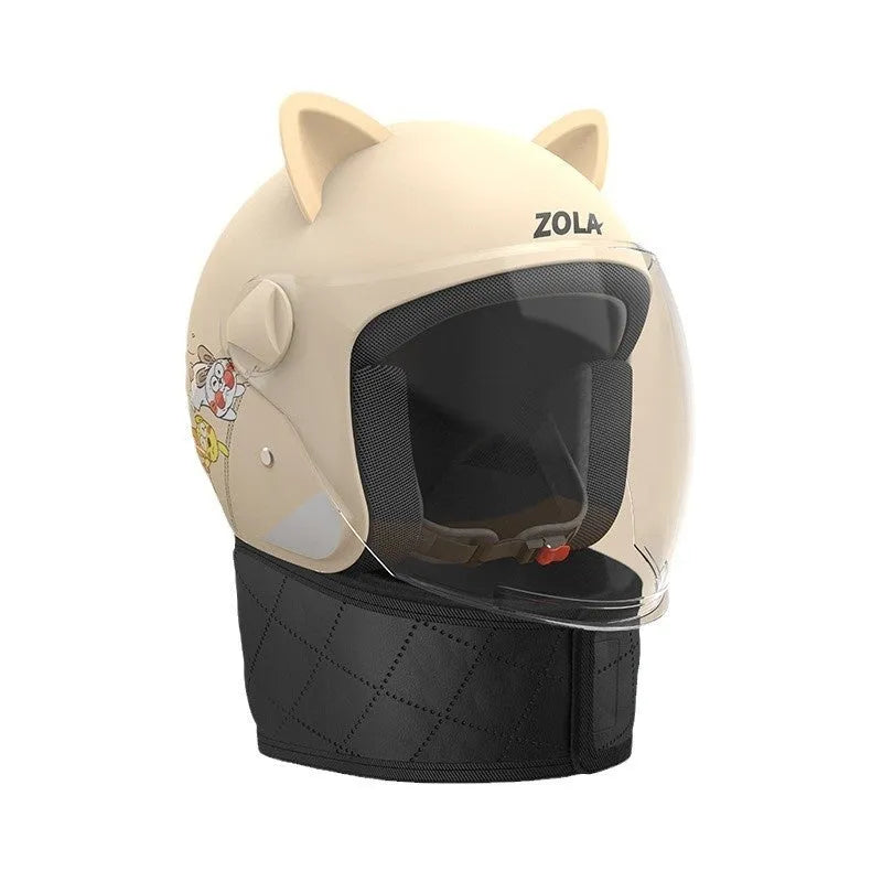 Blue winter cycling helmet with clear anti-fog visor and attached thermal scarf on handlebars.