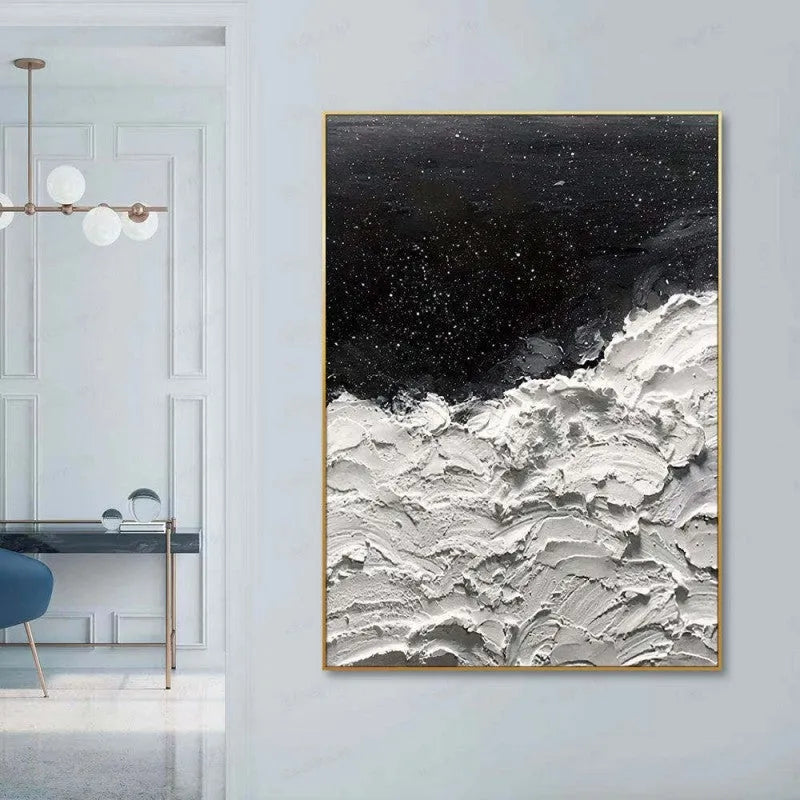 Hand-painted abstract oil painting canvas wall art Oceans Of Stars black and white seawave modern decor