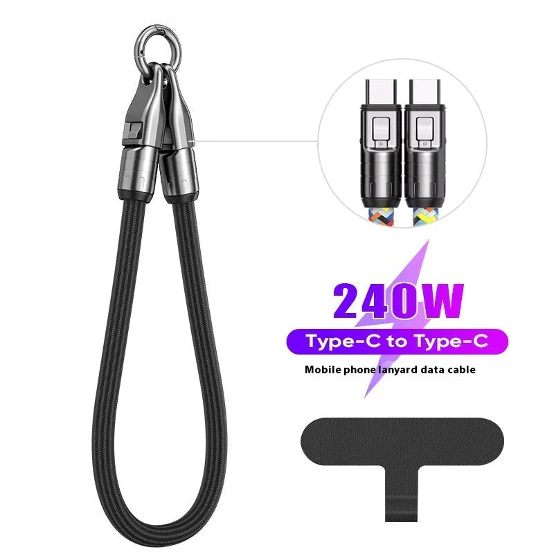 Black multi-functional type-c PD fast charge lanyard data cable with alloy connector on white background