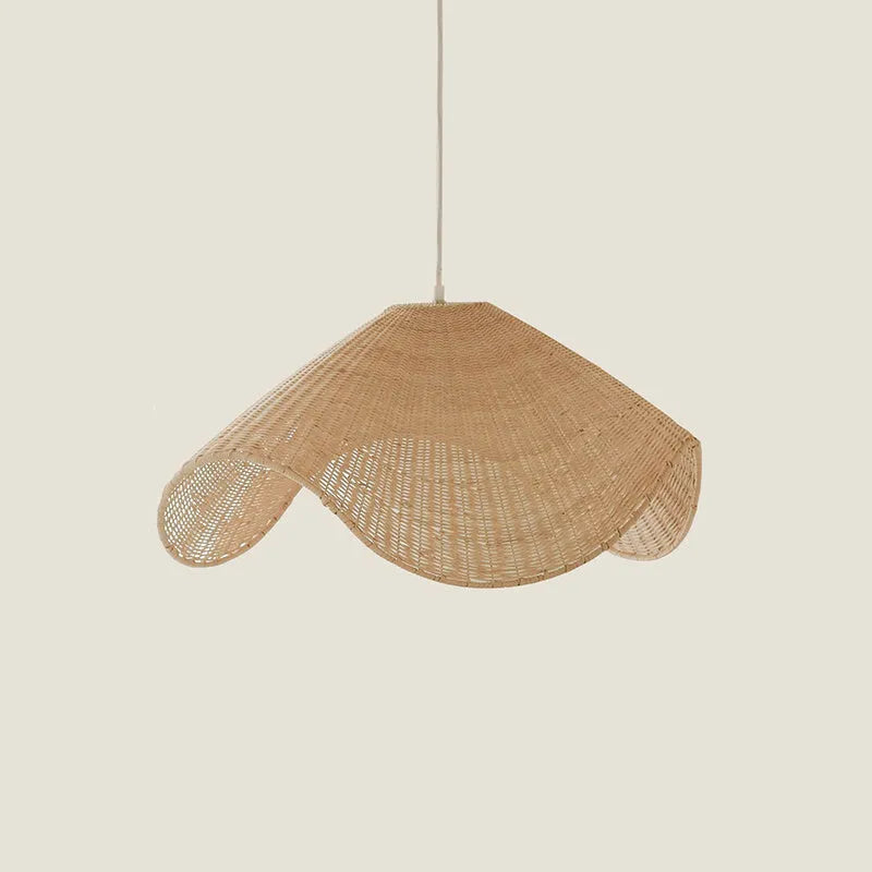Handmade natural rattan and willow pendant chandelier with warm LED light.