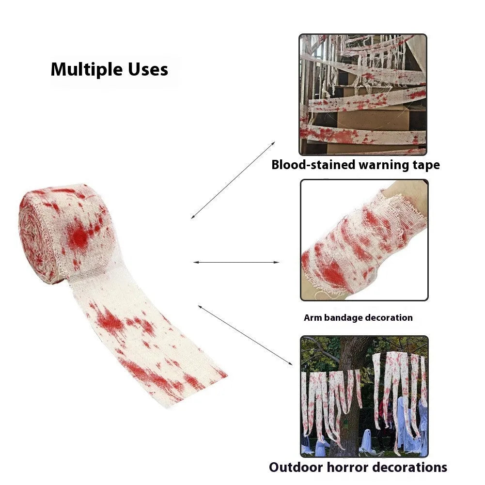 Halloween bloody dyed gauze bandage roll with 8cm width on wooden background