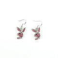 Pair of rabbit-shaped stud earrings with diamond accents on a silver background, showing front and back with butterfly clutch.