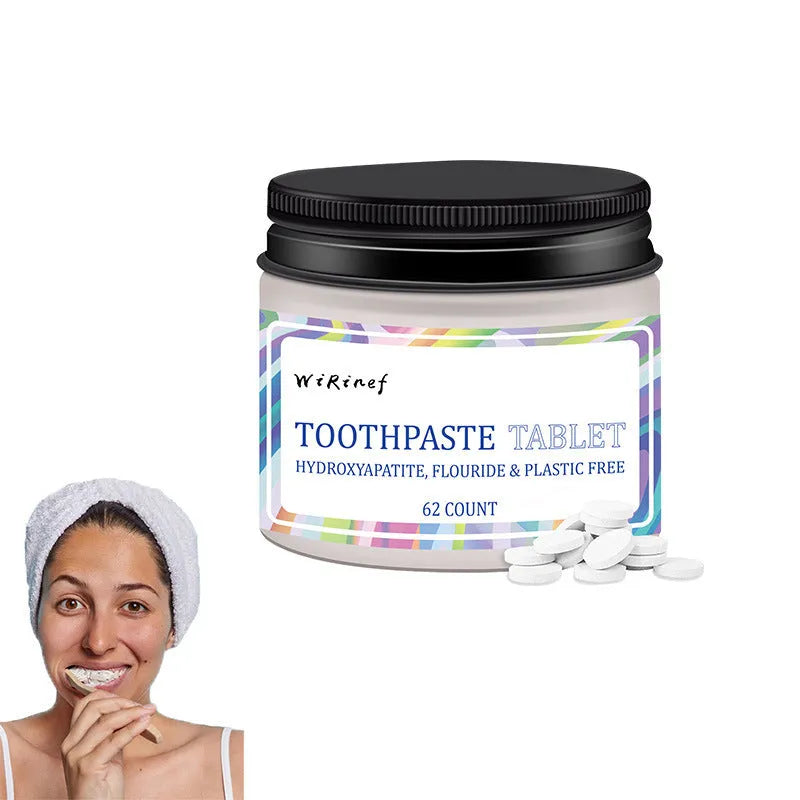 62-count pack of portable white solid toothpaste tablets for chewing and cleaning teeth, TP19 flavour.