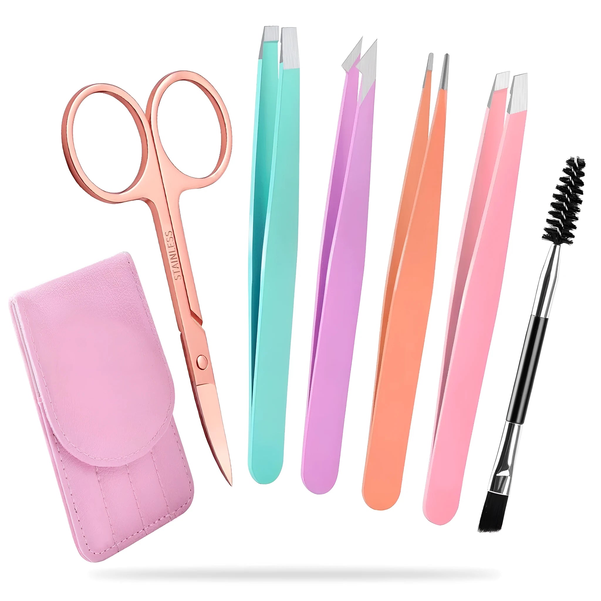 Professional 6-piece stainless steel eyebrow tweezers set with curved scissors and leather case