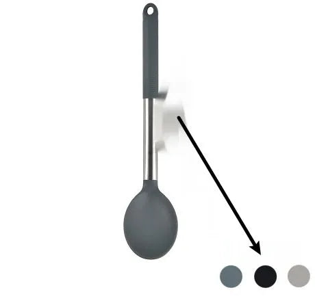 Black silicone kitchen utensil set with 12 tools stored in a rotating plastic storage bucket on a worktop.