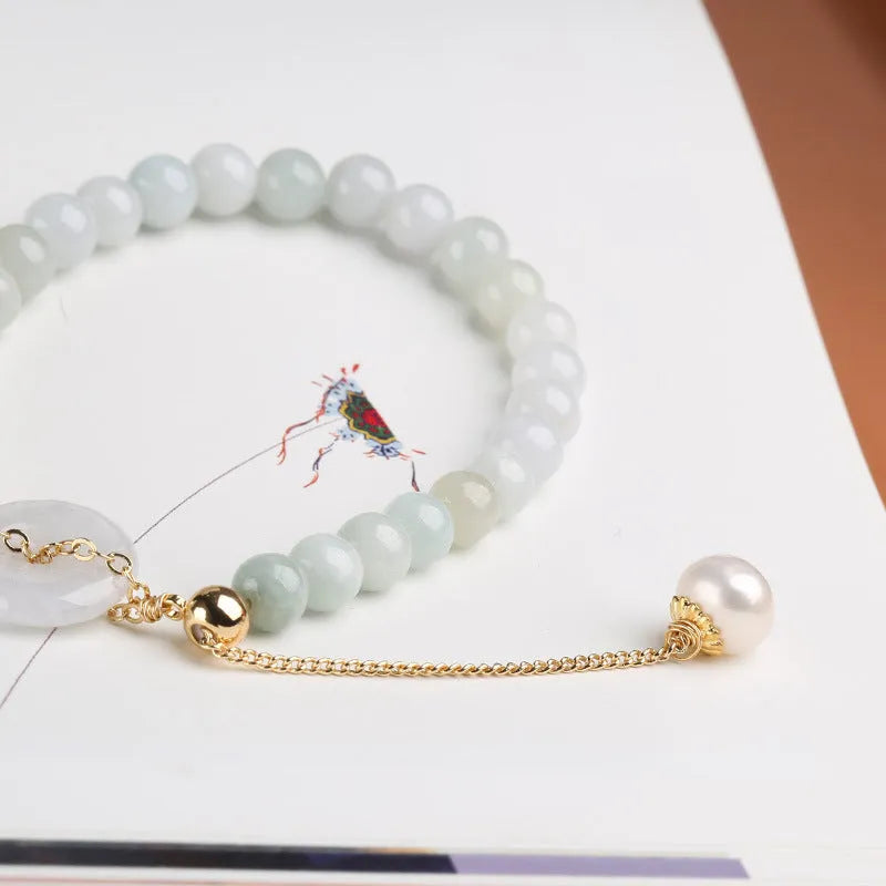 Natural jade pearl bracelet for women with emerald peace buckle and geometric pendant