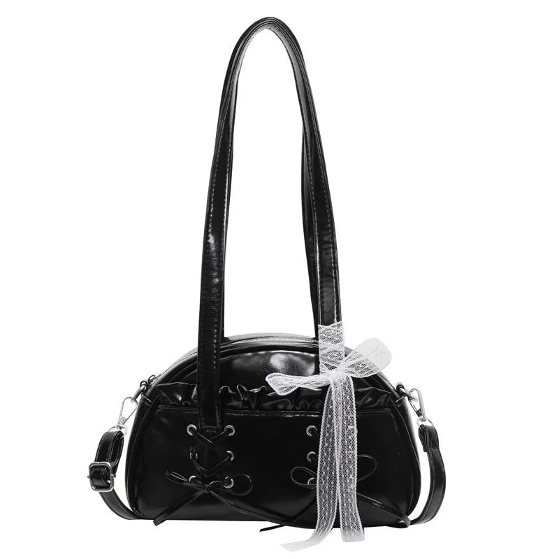Women's bandage bow handbag in PU leather with shoulder strap and sewing thread detail