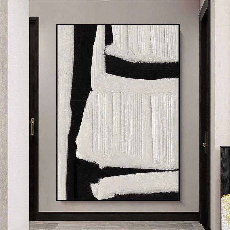 Large black and white abstract handmade painting on textured canvas, modern wall art for home decoration