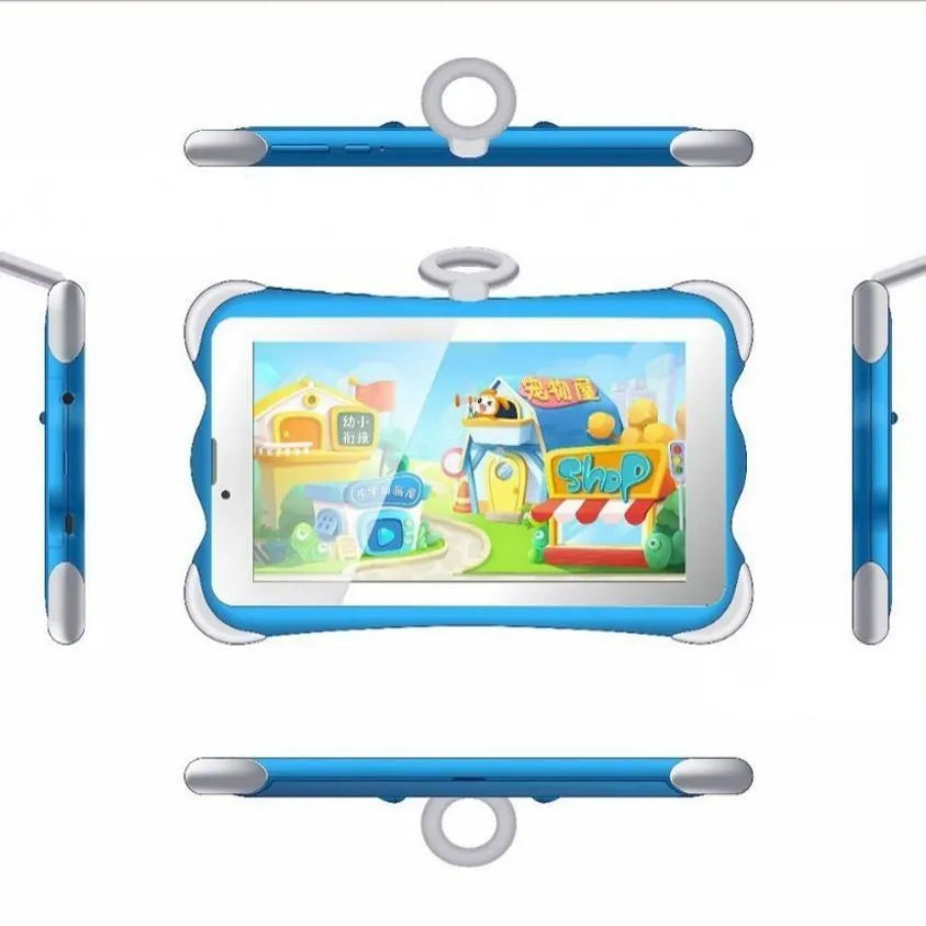 A 7-inch cartoon-coloured children's learning tablet positioned on its included stand, showing the IPS screen.