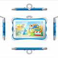 A 7-inch cartoon-coloured children's learning tablet positioned on its included stand, showing the IPS screen.