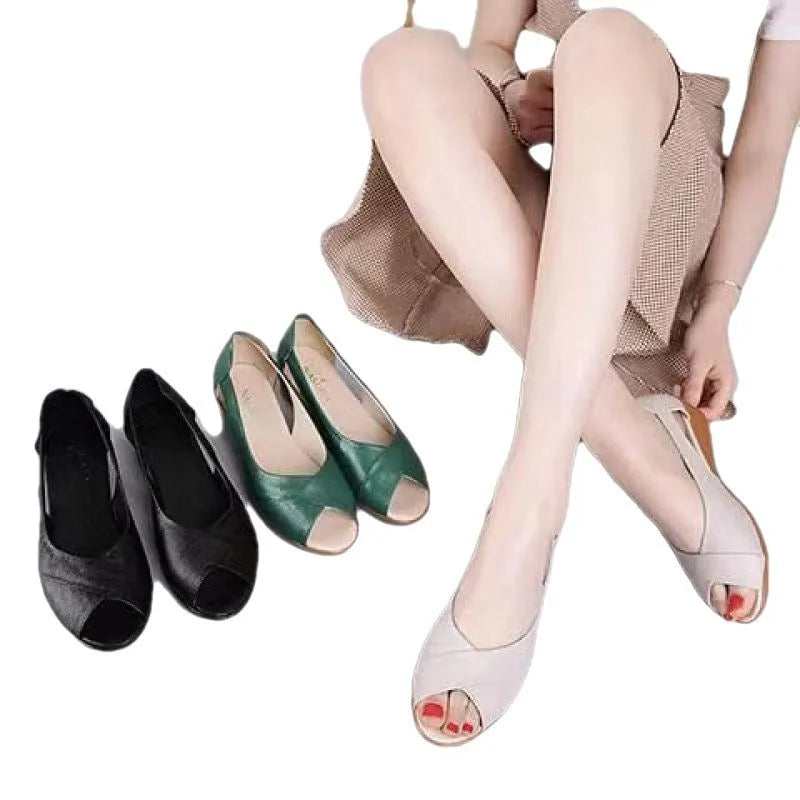 Women's black casual peep toe sandals with an ankle buckle and rubber mid heel.