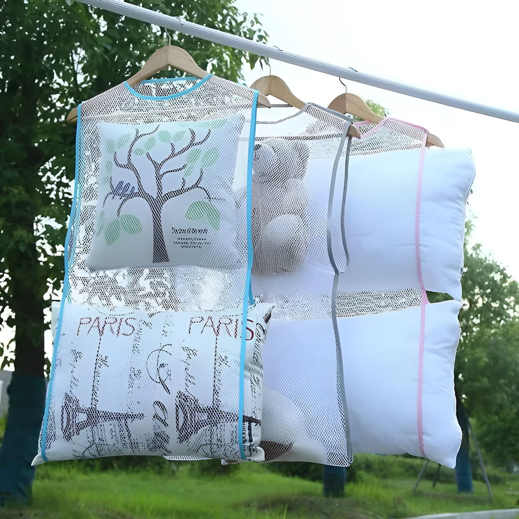 Fabric mesh pillow drying net pocket hanger with windproof design, shown in white, blue, grey and pink