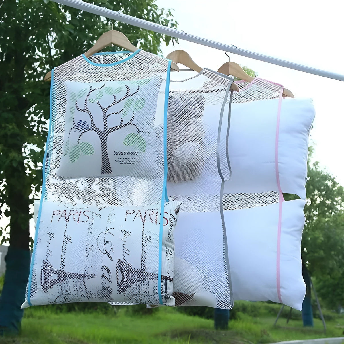 Fabric mesh pillow drying net pocket hanger with windproof design, shown in white, blue, grey and pink
