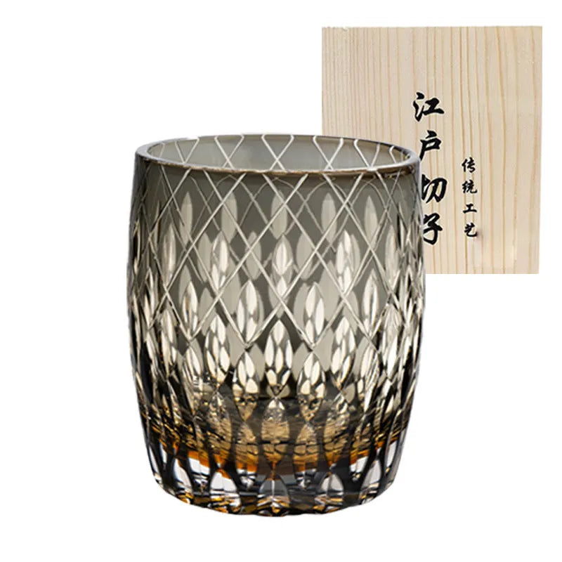 Japanese-style Edo crystal glass whisky tumbler with amber flash cut design in wooden box