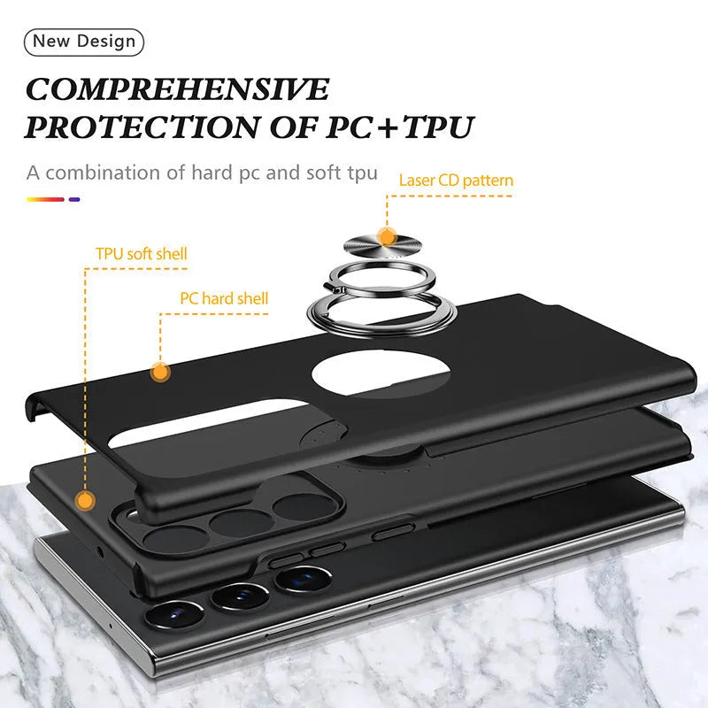 Magnetic ring stand anti drop Samsung phone case in PU, back cover with bracket and magnetic suction