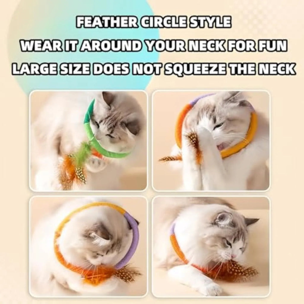 Circular green cotton rope cat toy with feathers and catnip.