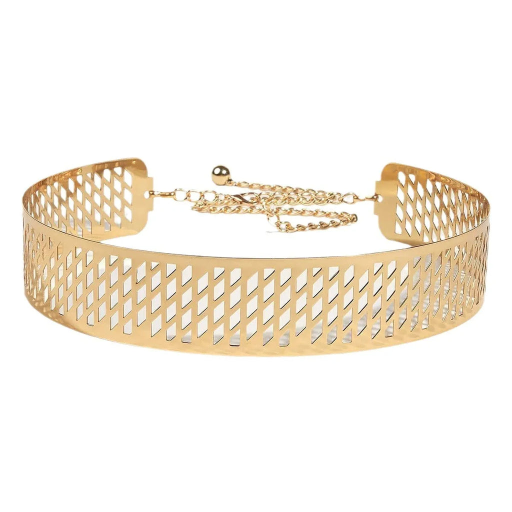 Gold chunky metal waist belt with lantern-head design, 4.5cm wide and 105cm long with hook buckle.