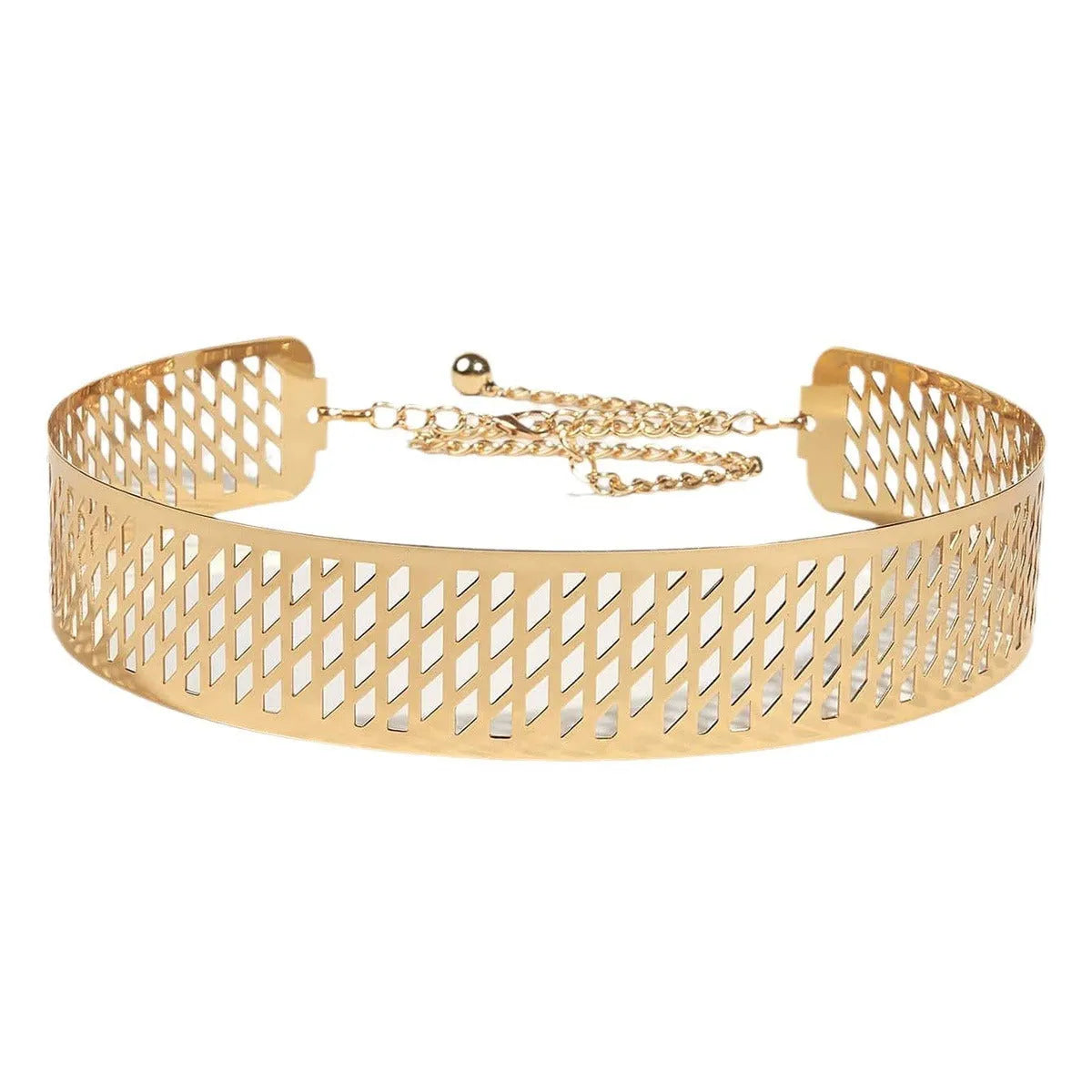 Gold chunky metal waist belt with lantern-head design, 4.5cm wide and 105cm long with hook buckle.
