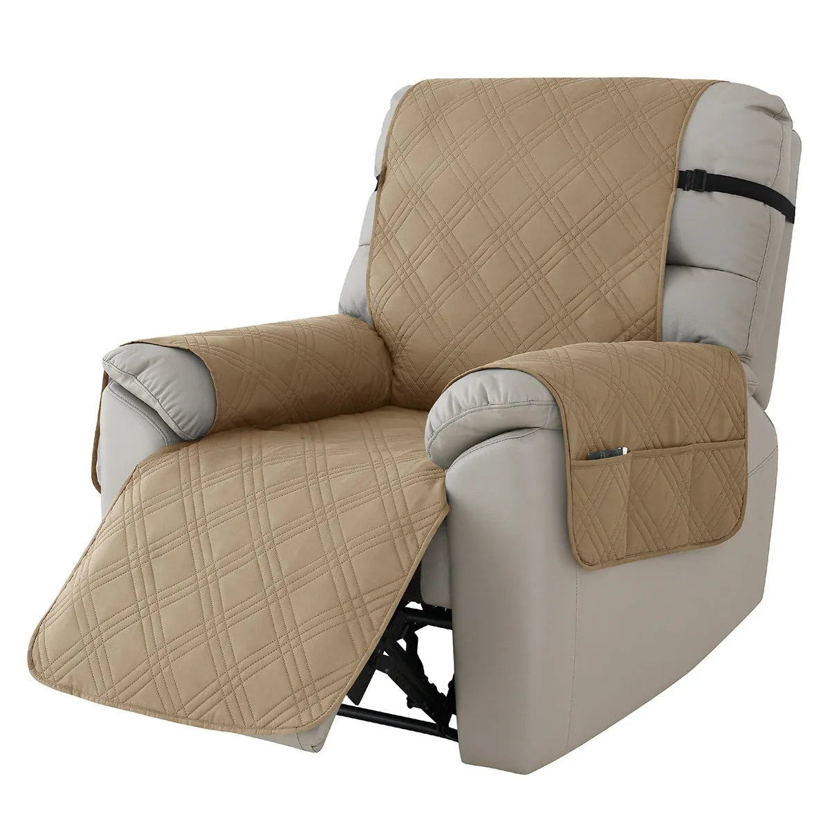 Quilted burgundy waterproof sofa cover fitted on a Chivas single-seat massage chair.