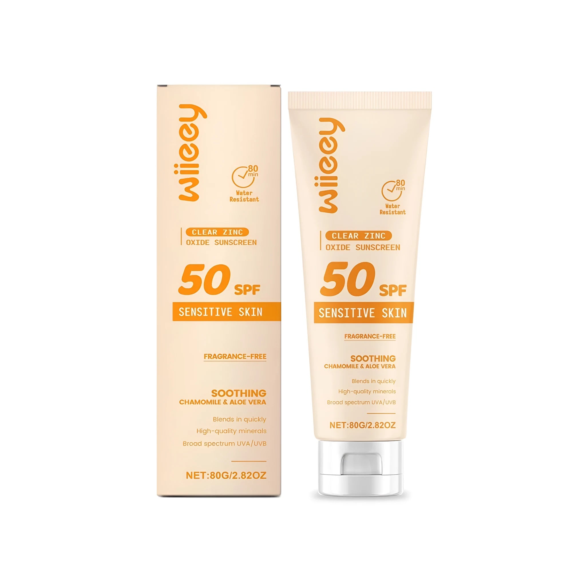 80g tube of clear zinc oxide mineral sunscreen with chamomile and aloe extracts.