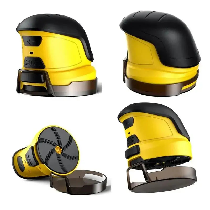 Yellow cordless electric car ice scraper with USB charging cable on a frosty car windscreen.