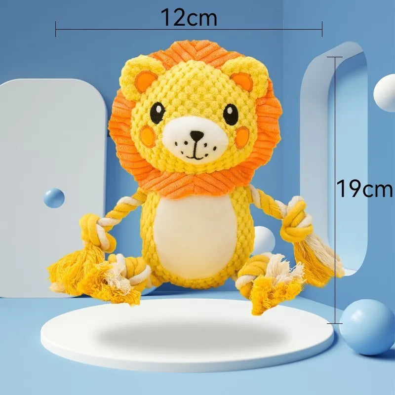 Two plush squeaky dog toys, a lion and a monkey, for medium and large dogs.