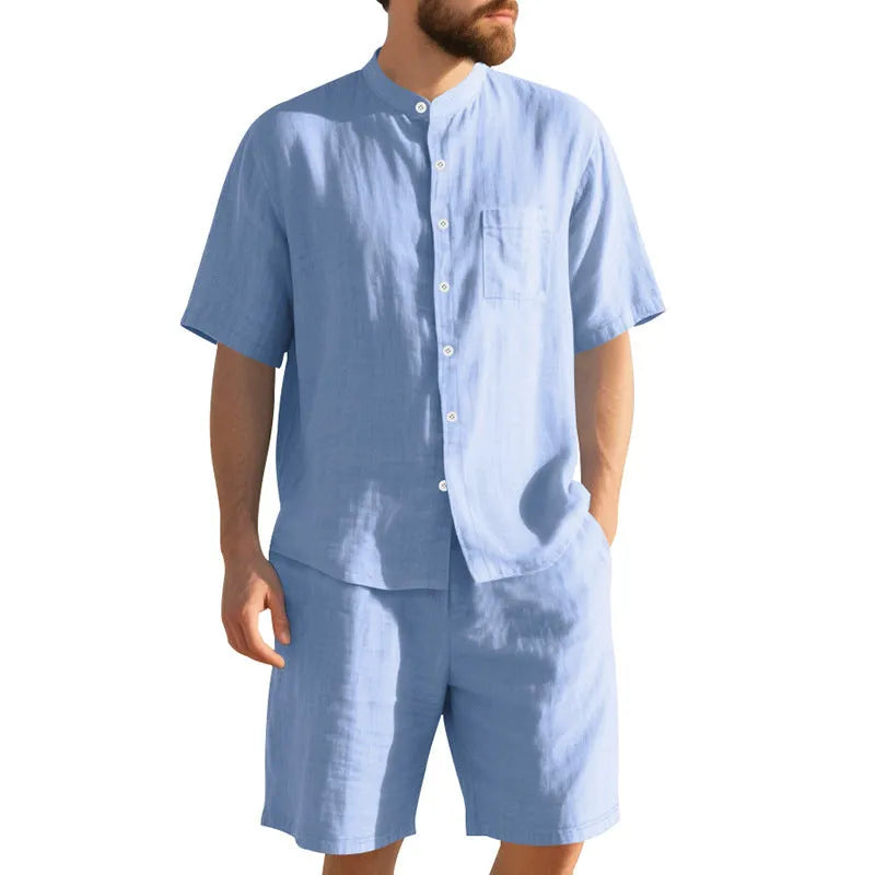 Men's linen blend summer suit with Henry collar shirt and matching shorts in multiple colour options