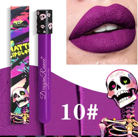 Halloween skull test tube containing matte gold or silver lip gloss for creative makeup.