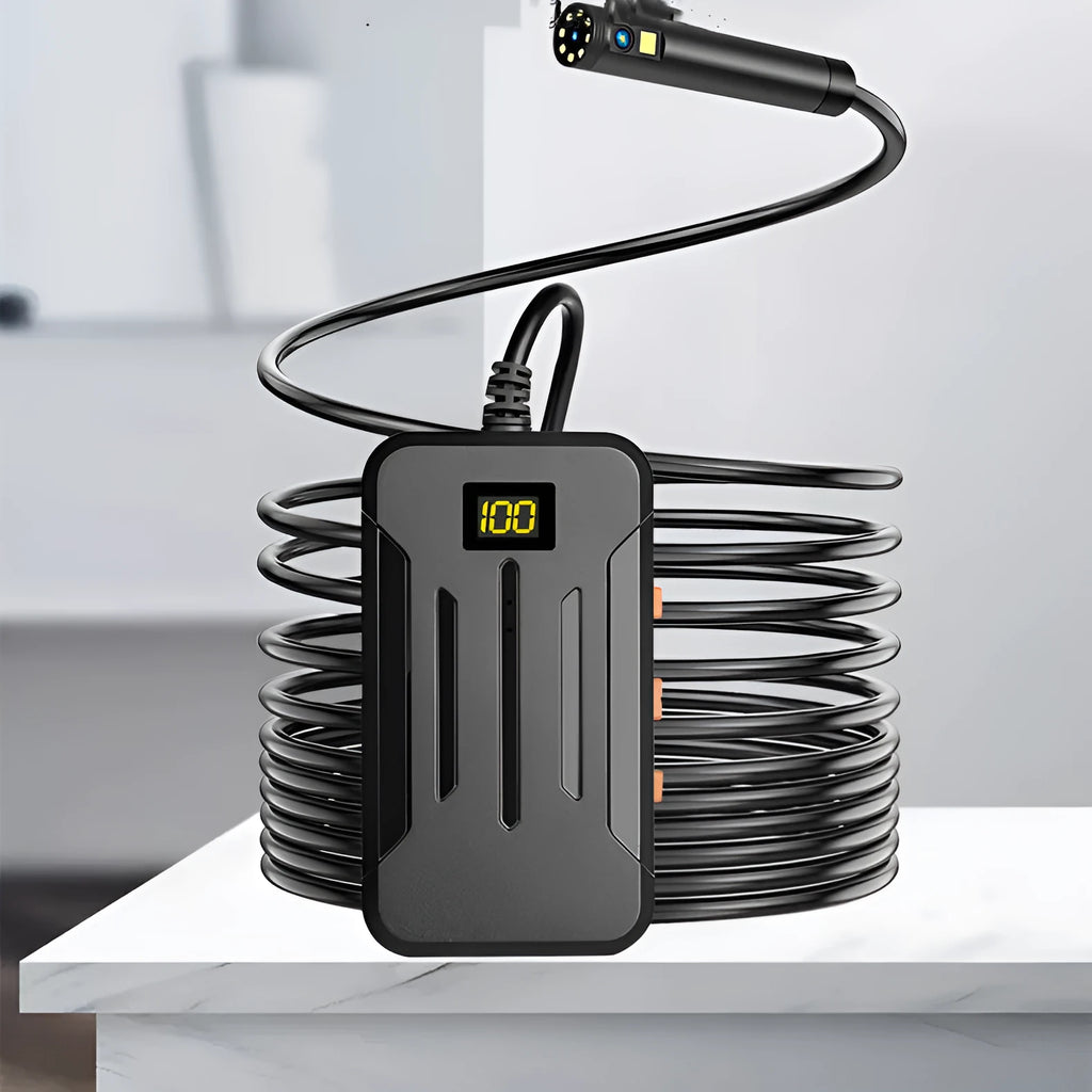 WiFi dual lens endoscope camera with 5.5mm and 8mm probes, magnet, and hook accessories on a table.