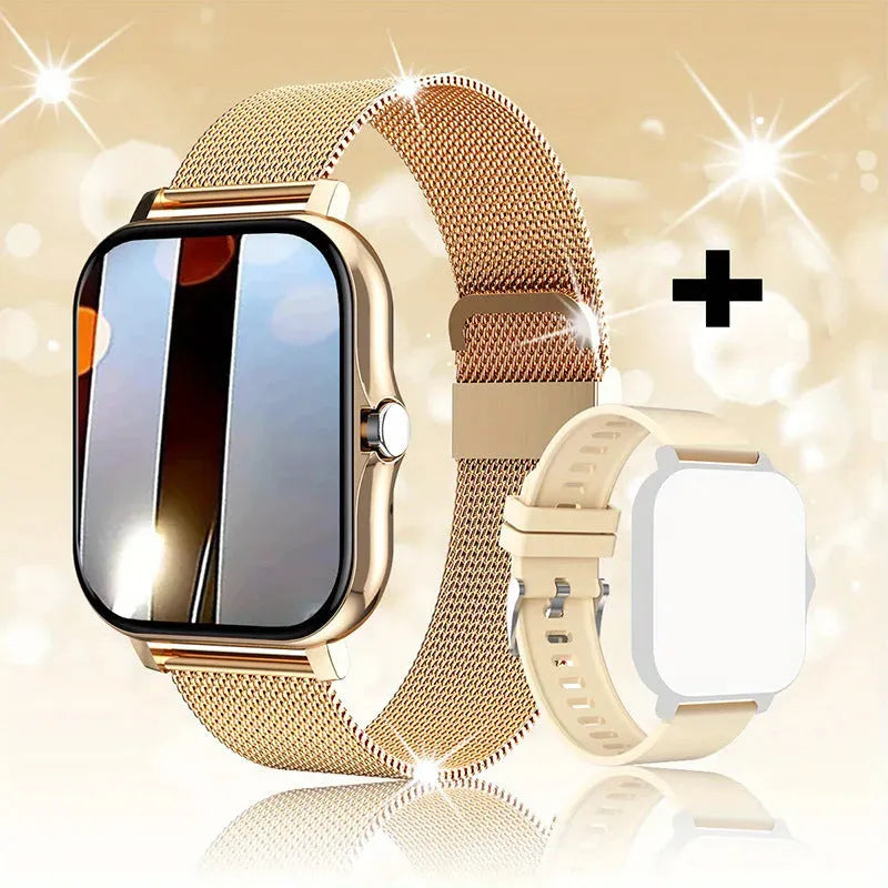 Smart watch with 1.44-inch touch screen showing heart rate and step count display on silicone wrist strap
