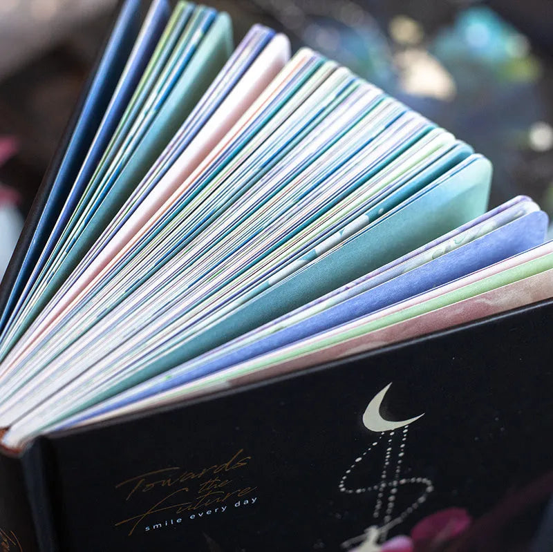 A5 notebook with luminous cover showing colour options: deep blue, gold, light blue, purple with internal colour illustrations