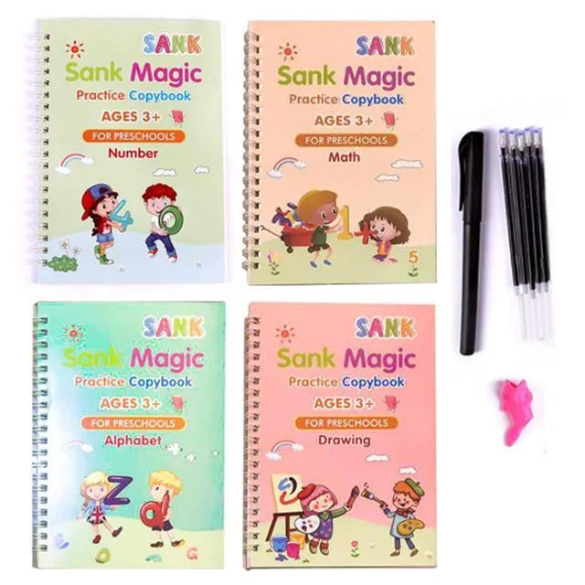 Magic calligraphy practice set with four A4 books, stylus pen, and refills in colour options
