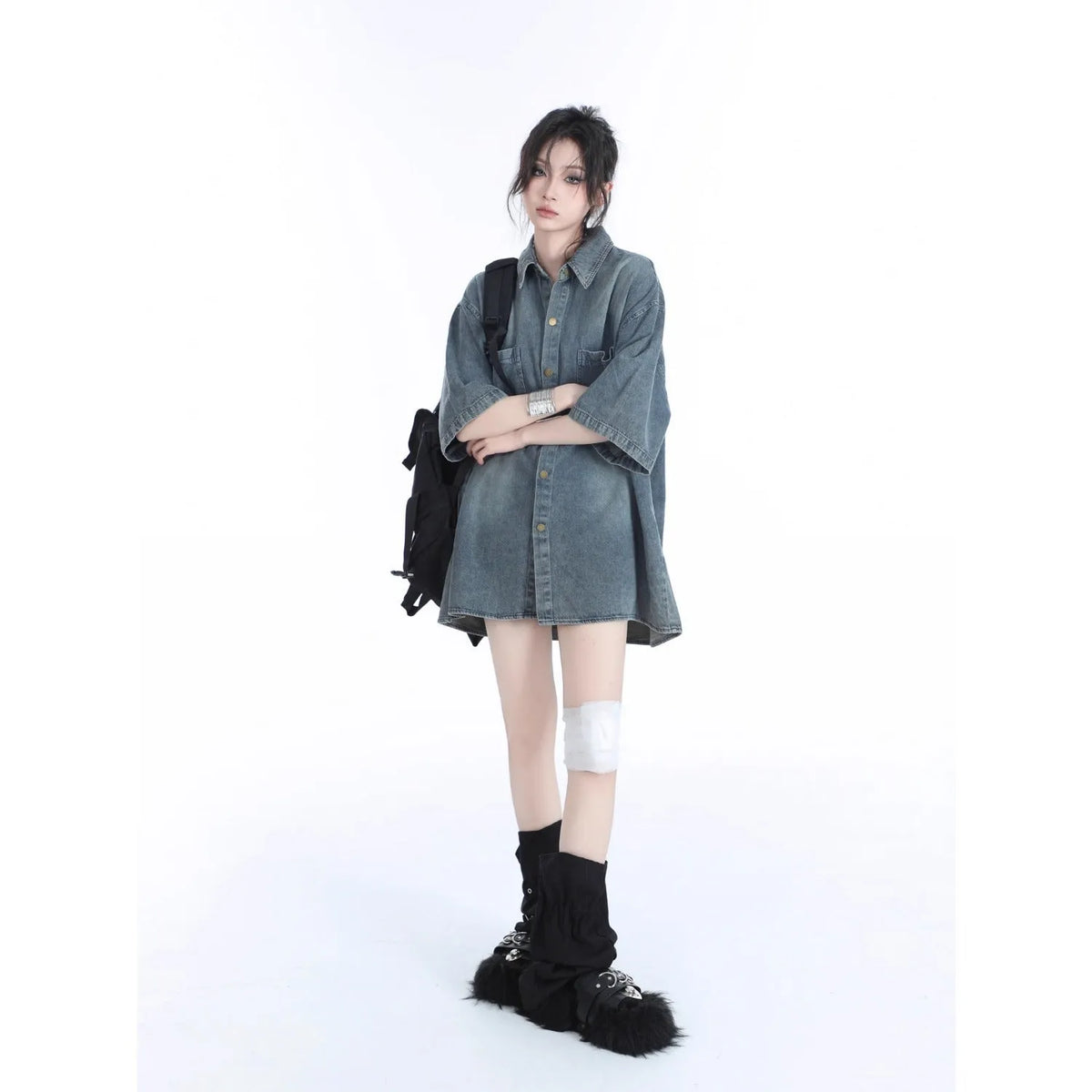 American retro heavy wash denim-look short sleeve colour block top in black or blue, sizes M to 3XL