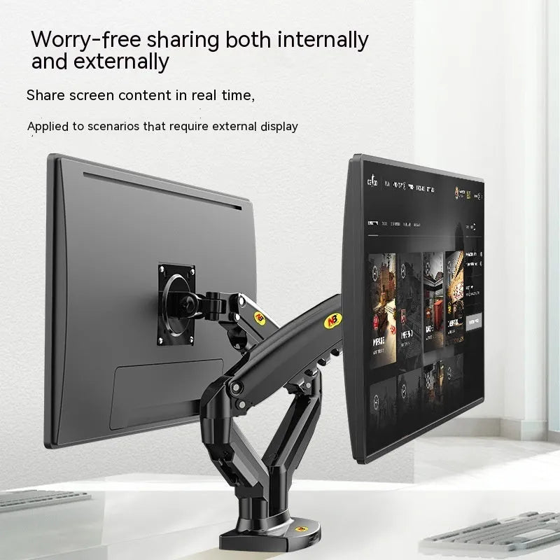 Black dual screen monitor bracket with adjustable height desk clamp for VESA 75-100mm mounting patterns