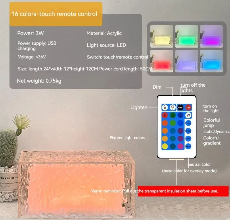 Geometric ice cube shaped acrylic night lamp with colour changing illumination on wooden surface