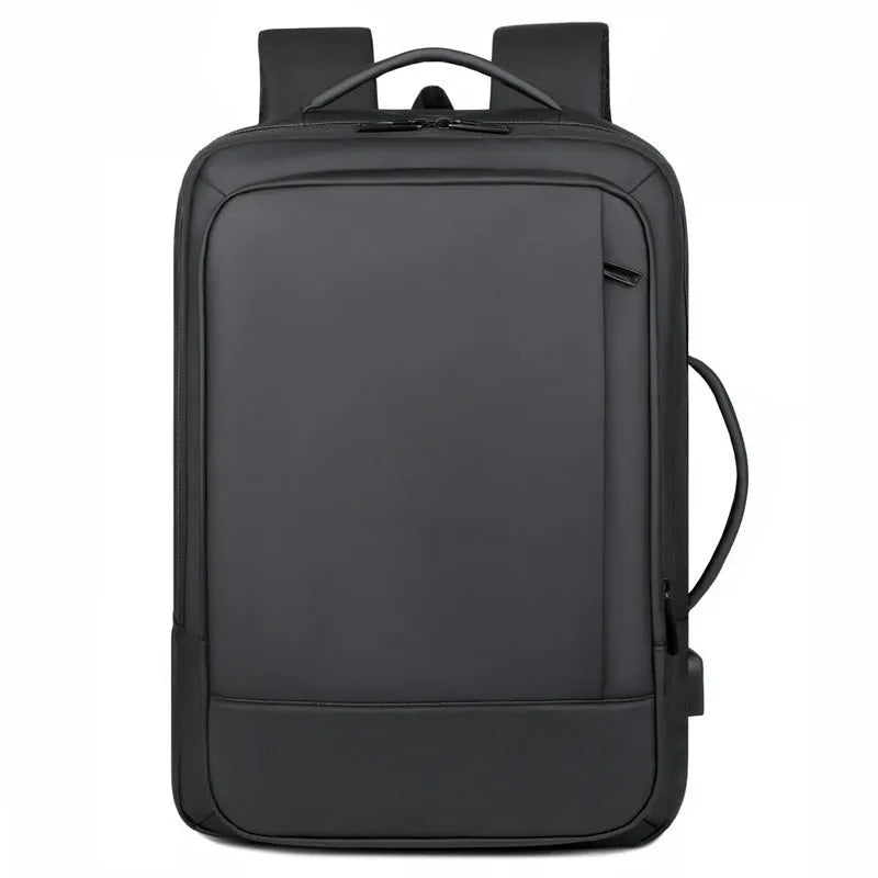 Black Oxford cloth backpack with curved shoulder straps showing business travel styling
