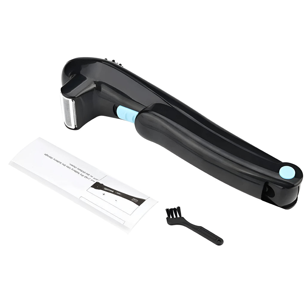 Black folding body electric shaver for whole body hair removal, uses AA batteries.