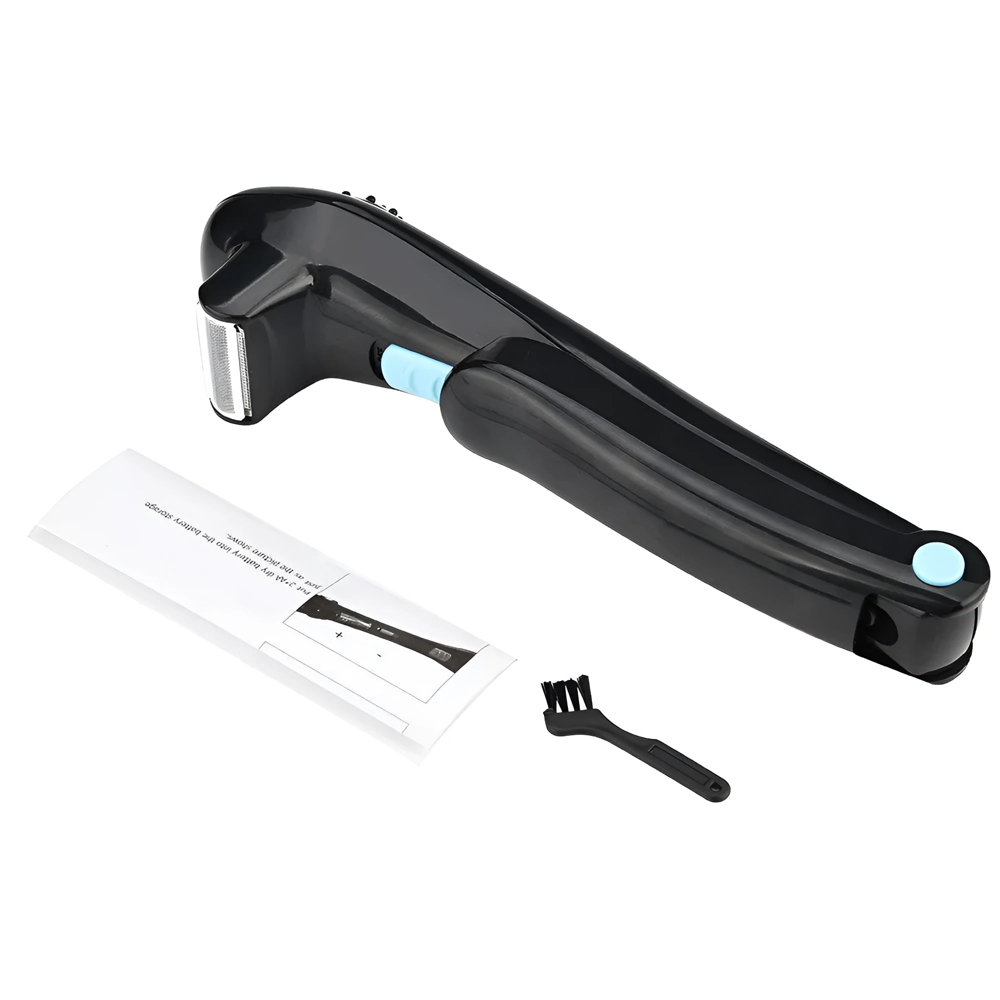 Black folding body electric shaver for whole body hair removal, uses AA batteries.