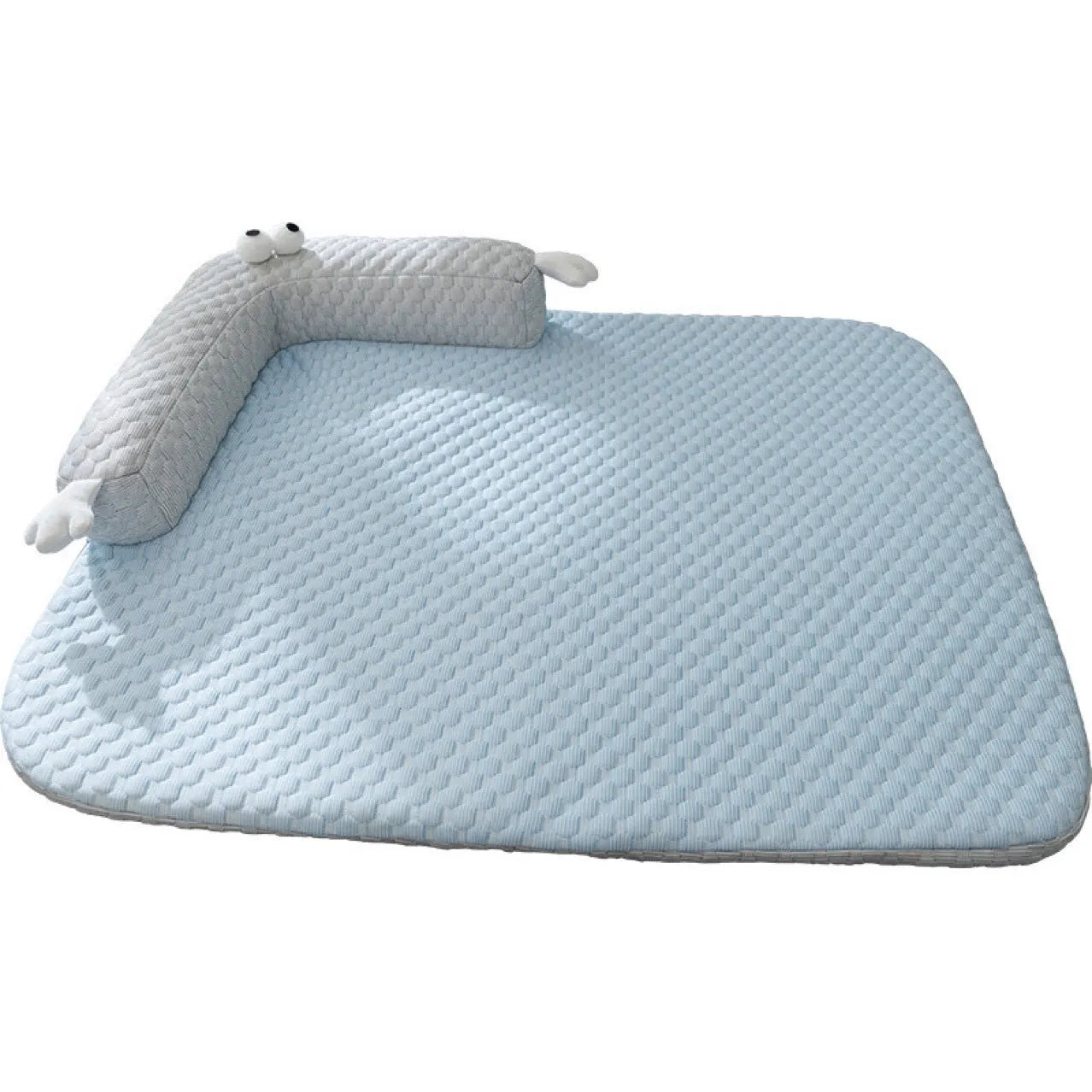Blue monster design non-slip pet cooling bed for a dog on a hardwood floor.