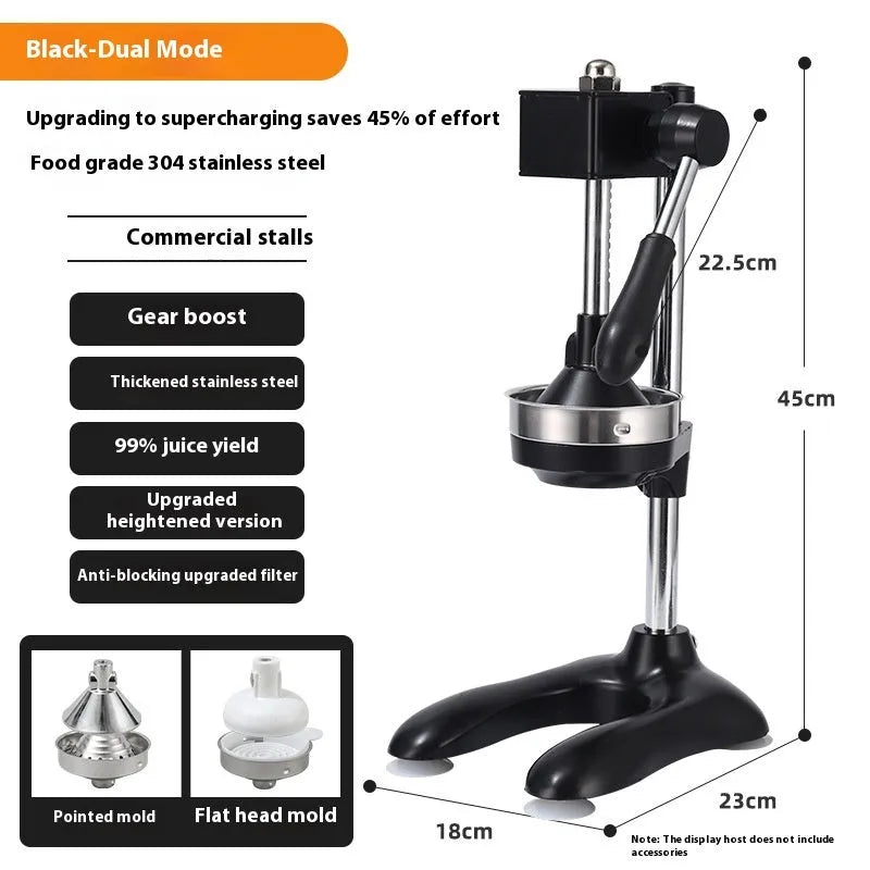 Vertical stainless steel manual citrus juicer shown in selected colour with chosen head style: pointed, flat, or double.