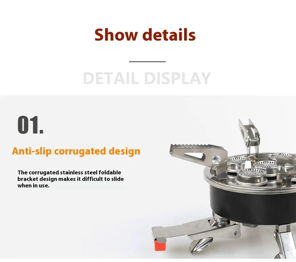 Silver portable split camping stove with folded legs and a 100cm gas hose on a wooden table.