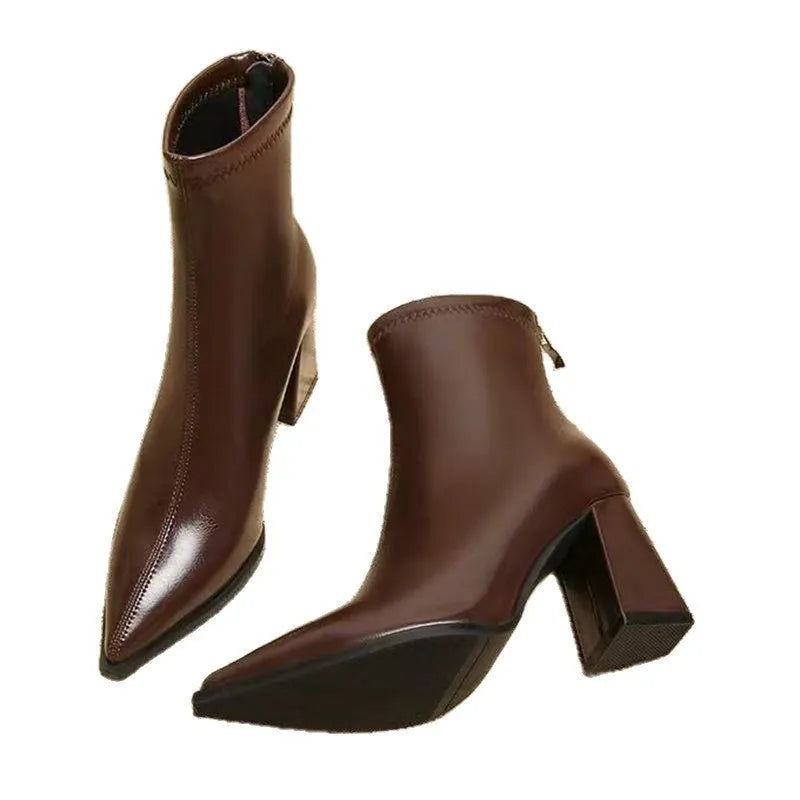 Women's mid heel Martin boots with pointed toe, back zipper, artificial PU upper, rubber sole, in black or brown