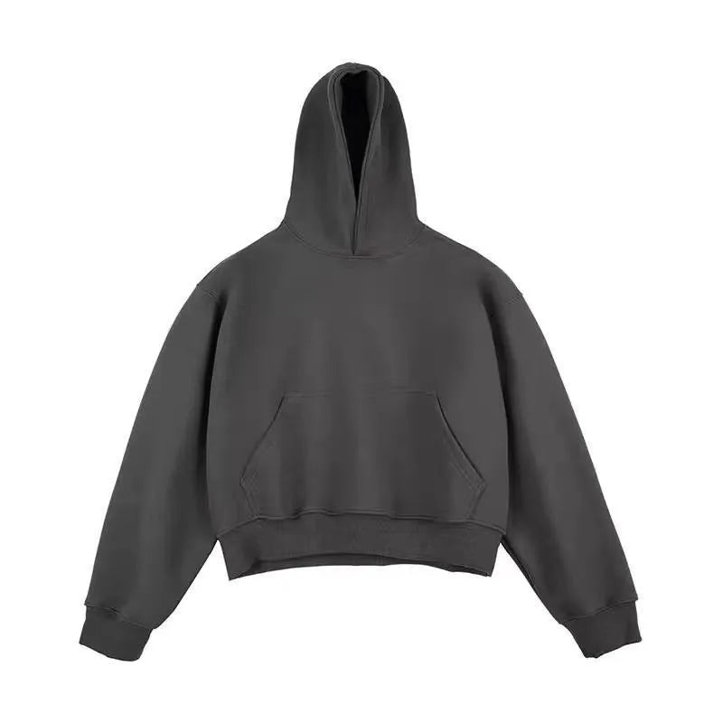 Short black Chinese cotton velvet hooded sweater with long sleeves on a hanger.
