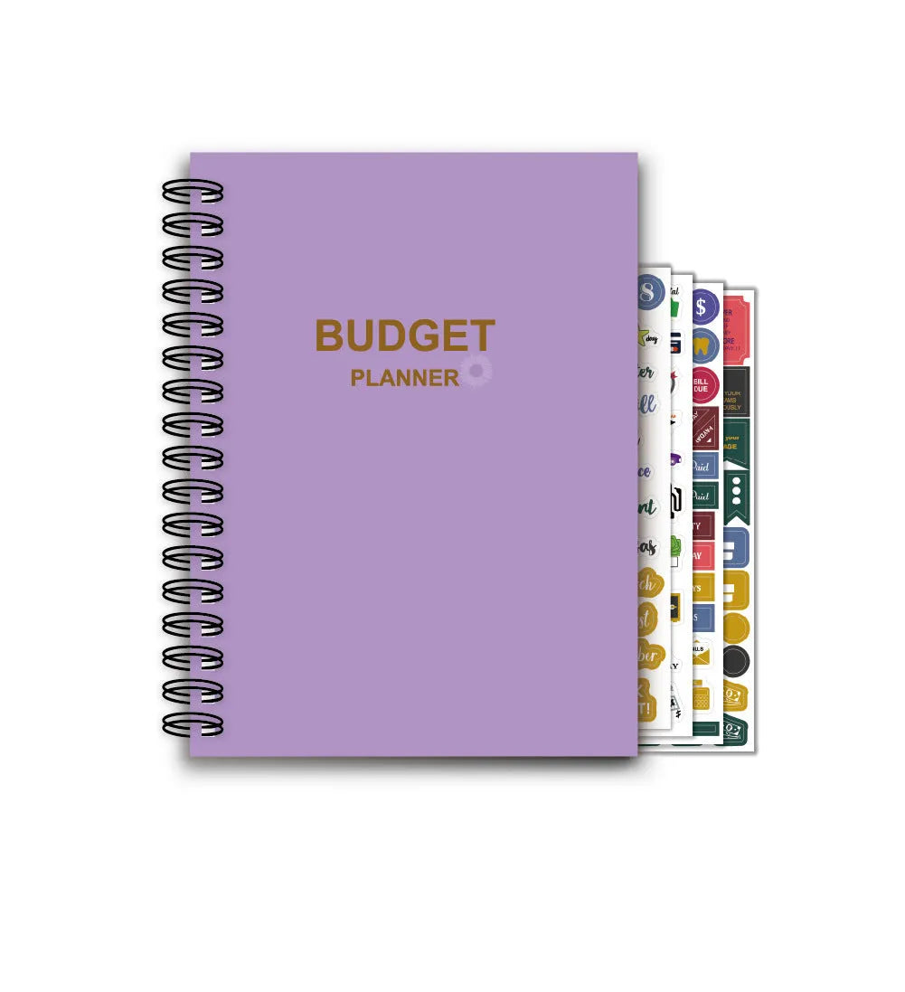 Purple A4 coil notebook for financial planning with stickers, pen, and paper clips
