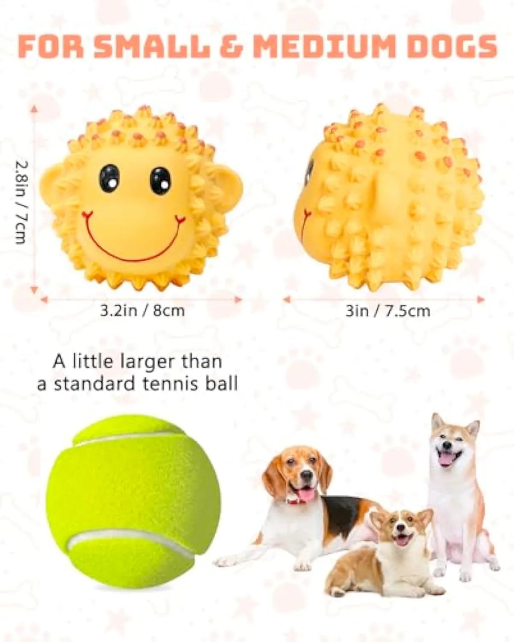 Orange and yellow latex squeaky dog toy with spiky texture, shaped like an animal.