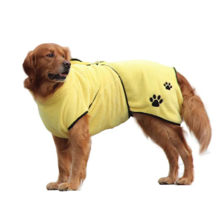 Yellow coral fleece pet embroidered bathrobe pajamas for dogs, size XS to 2XL, soft absorbent fabric