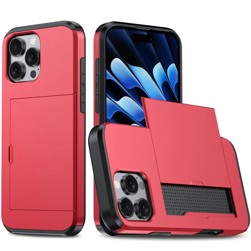 Two-in-one mobile phone case with sliding card holder for iPhone 16, TPU PC anti-drop protective case, available in Black
