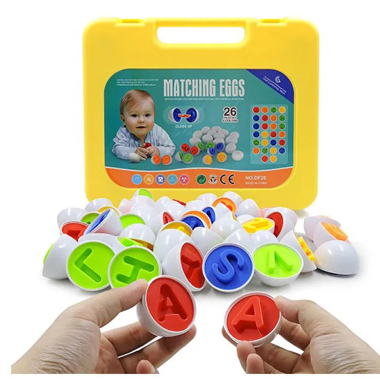 Children's educational twist egg toy set with 12 colourful dinosaur-themed plastic eggs in a drawstring bag