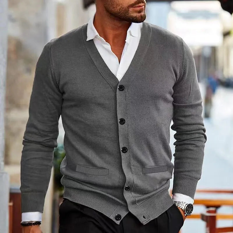 Men's slim fit acrylic cardigan sweater coat shown in creamy-white colour on a hanger.